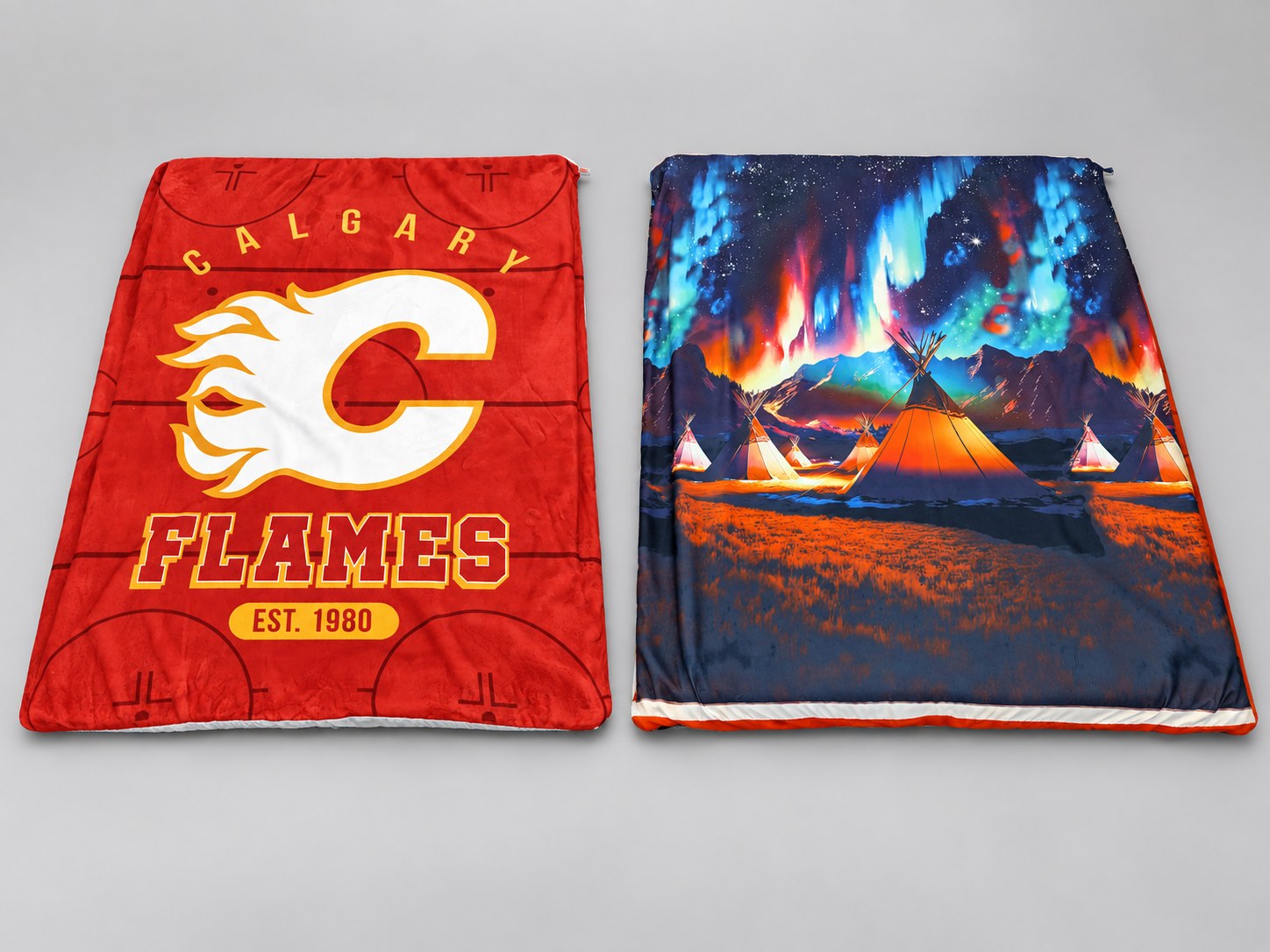 Extra large custom flat beds featuring Calgary Flames and northern lights tipi fabric designs